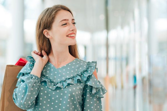Woman shopping for beauty products, representing smart choices for makeup and skincare