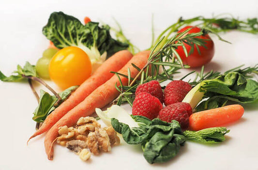 Fresh fruits, vegetables, berries and walnuts rich in antioxidants as part of a healthy diet for smokers